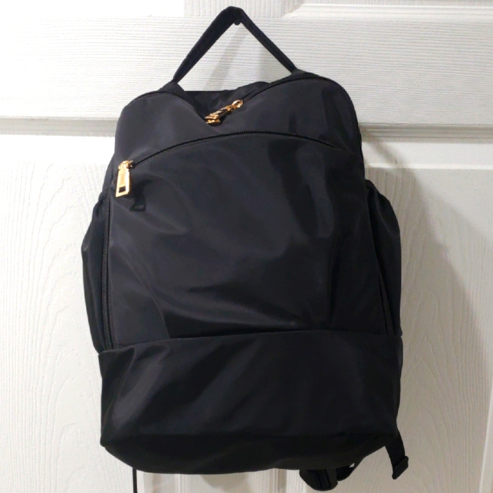 Black Nylon Daypack Backpack – Gold Zipper Accents, Lightweight Travel Bag - Picture 8 of 12